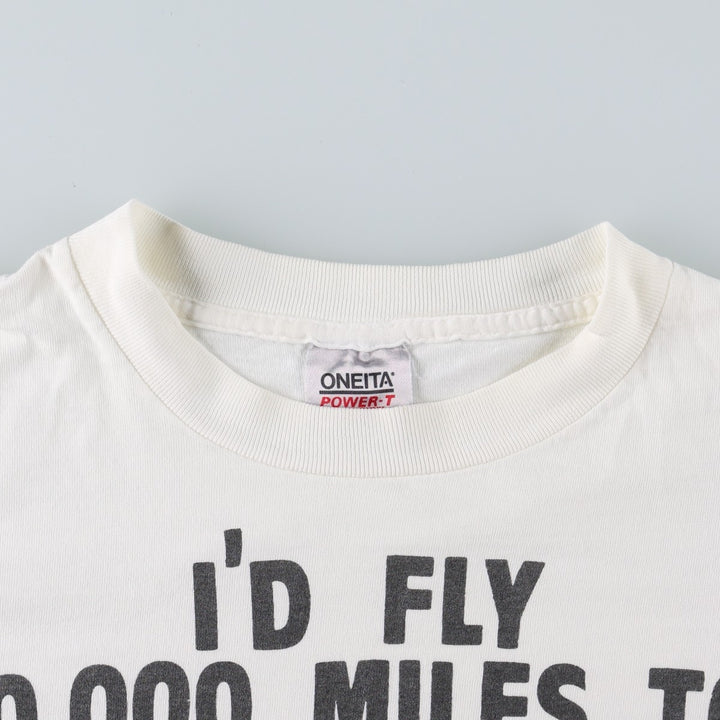 90'S ONEITA parody message print T-shirt, made in USA, men's size XL equivalent, vintage. cotton white type Vintage Second Hand