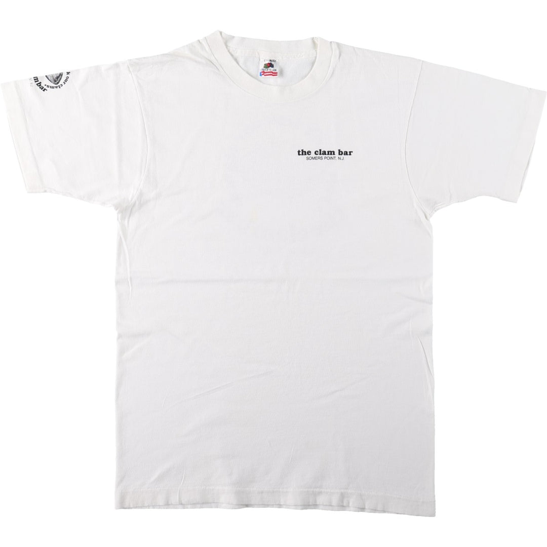 90'S Fruit of the Loom The Clam Bar advertising T-shirt, Made in USA, Men's size L equivalent, Vintage cotton white type Vintage Second Hand