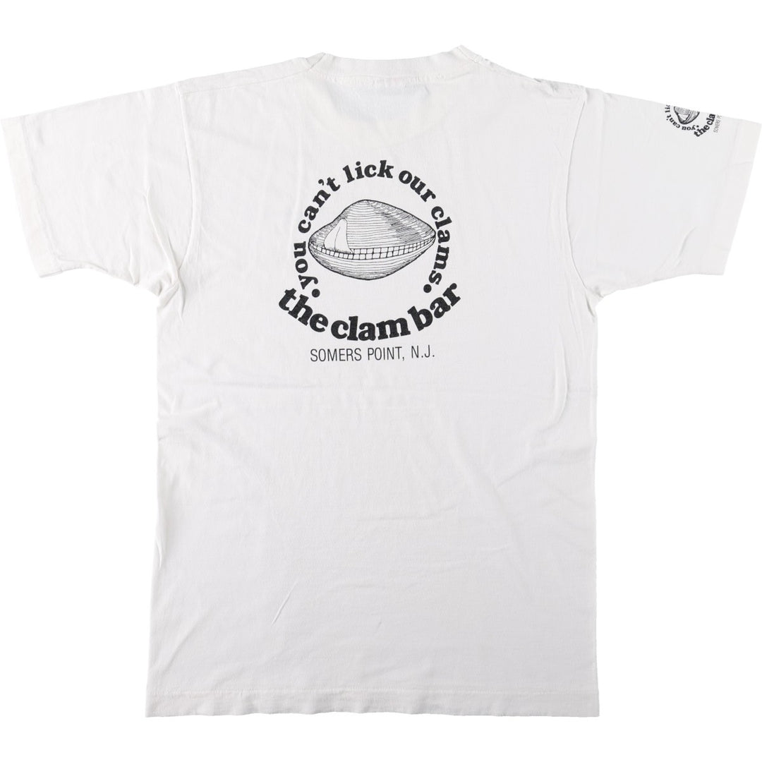 90'S Fruit of the Loom The Clam Bar advertising T-shirt, Made in USA, Men's size L equivalent, Vintage cotton white type Vintage Second Hand
