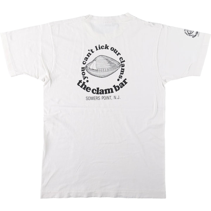 90'S Fruit of the Loom The Clam Bar advertising T-shirt, Made in USA, Men's size L equivalent, Vintage cotton white type Vintage Second Hand