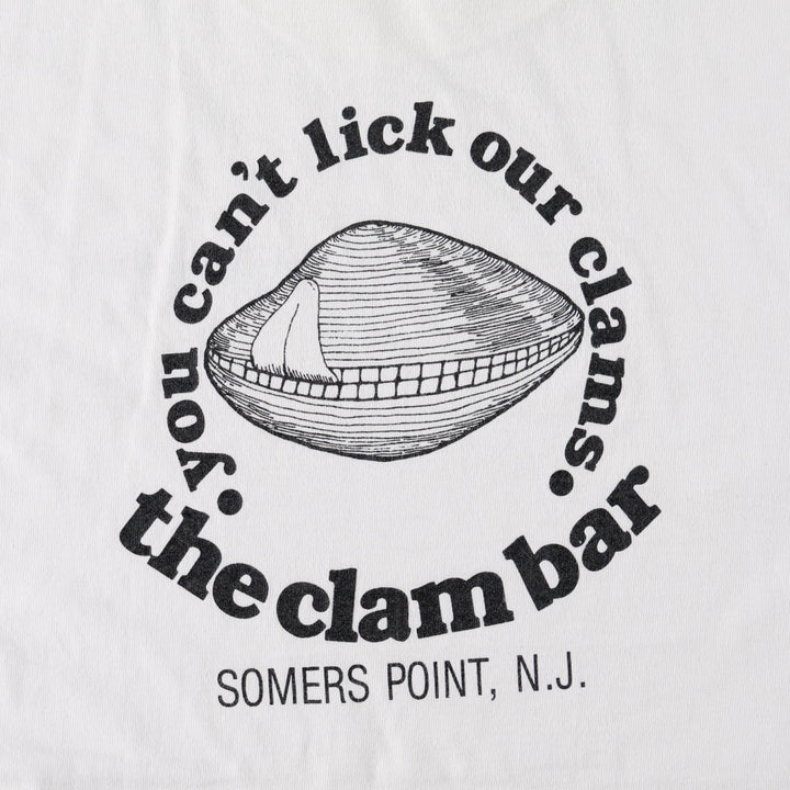 90'S Fruit of the Loom The Clam Bar advertising T-shirt, Made in USA, Men's size L equivalent, Vintage cotton white type Vintage Second Hand