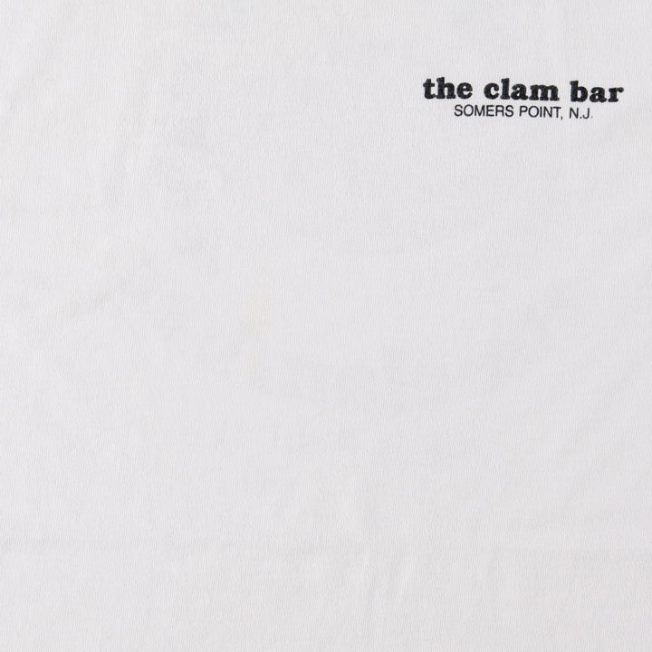 90'S Fruit of the Loom The Clam Bar advertising T-shirt, Made in USA, Men's size L equivalent, Vintage cotton white type Vintage Second Hand