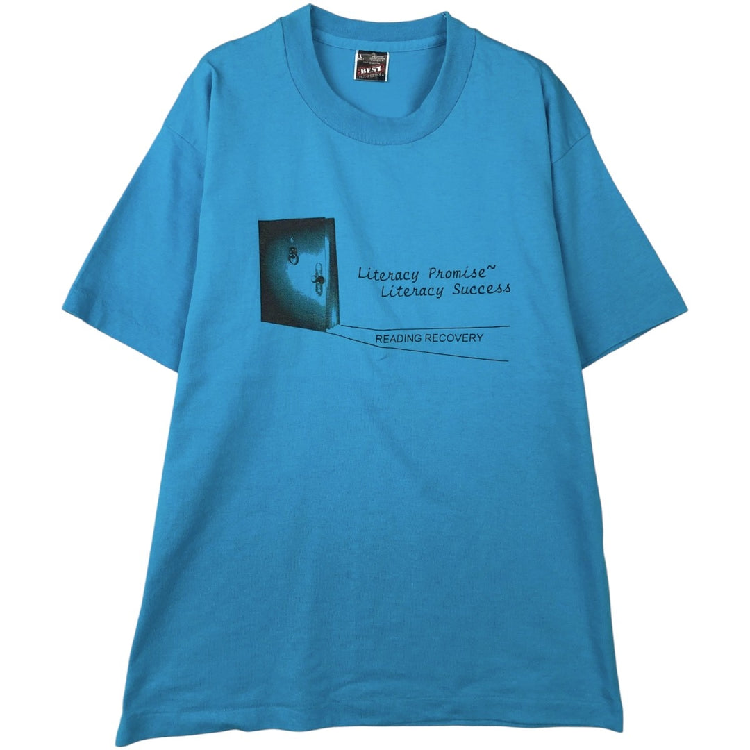 90'S Fruit of the Loom Best Printed T-shirt, Made in USA, Men's L size, Vintage cotton Blue type light blue Vintage Second Hand