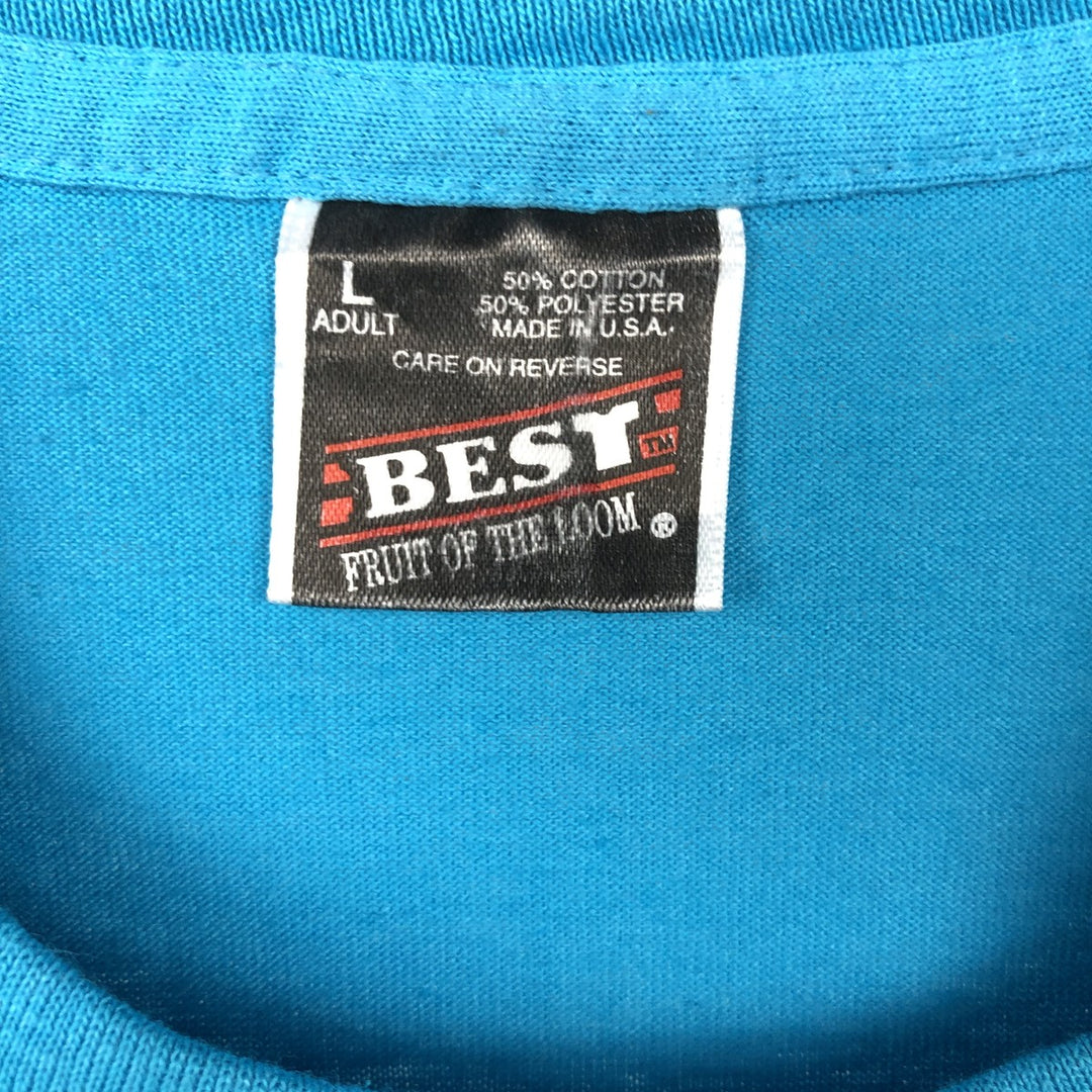 90'S Fruit of the Loom Best Printed T-shirt, Made in USA, Men's L size, Vintage cotton Blue type light blue Vintage Second Hand