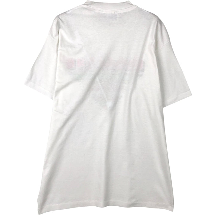 80'S Hanes Fifty-Fifty Blue Tag Printed T-Shirt Made in USA Men's L Size Vintage cotton white type Vintage Second Hand