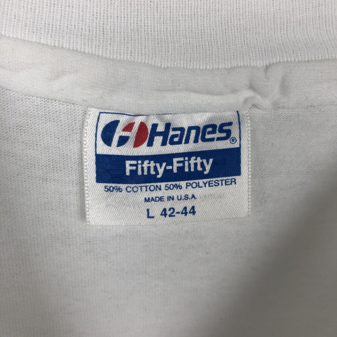 80'S Hanes Fifty-Fifty Blue Tag Printed T-Shirt Made in USA Men's L Size Vintage cotton white type Vintage Second Hand