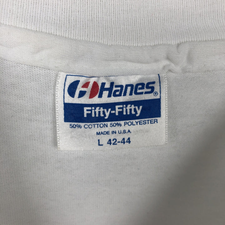 80'S Hanes Fifty-Fifty Blue Tag Printed T-Shirt Made in USA Men's L Size Vintage cotton white type Vintage Second Hand
