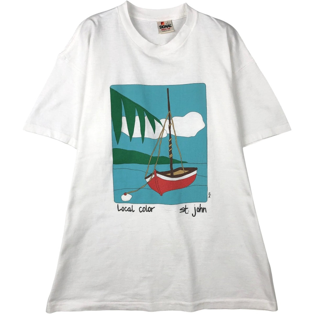 80'S SIGNAL MEGA-TEE Art T-Shirt, Made in USA, Men's Size L (Equivalent), Vintage cotton white type Vintage Second Hand
