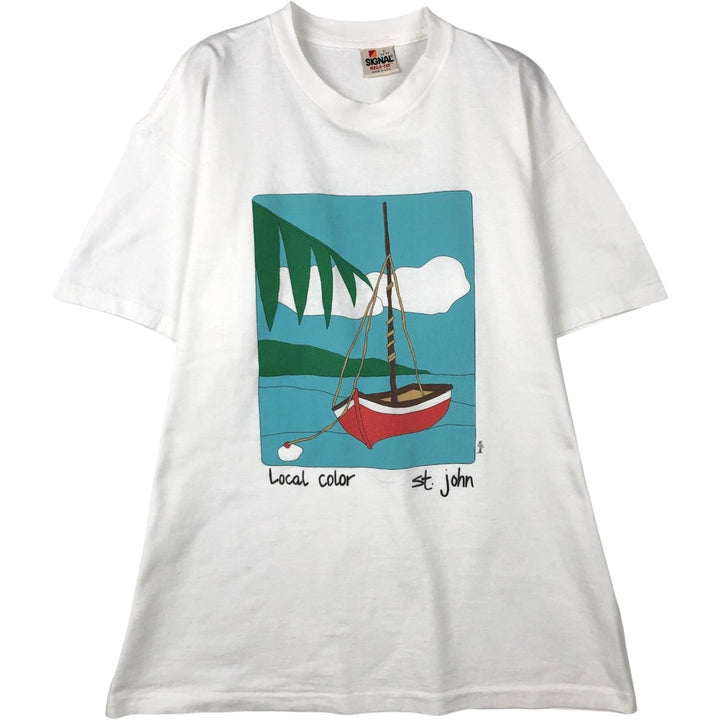 80'S SIGNAL MEGA-TEE Art T-Shirt, Made in USA, Men's Size L (Equivalent), Vintage cotton white type Vintage Second Hand