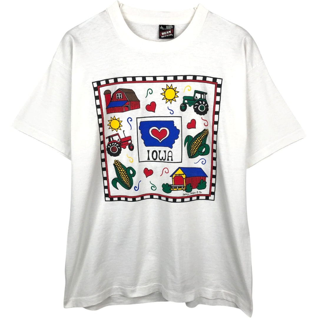 90'S Fruit of the Loom Best Printed T-shirt, Made in USA, Men's L size, Vintage cotton white type Vintage Second Hand