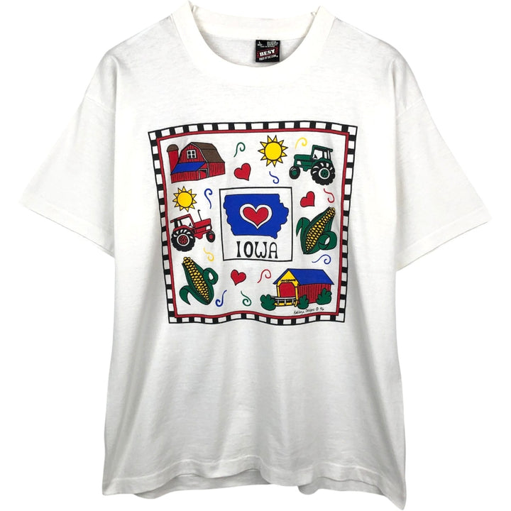 90'S Fruit of the Loom Best Printed T-shirt, Made in USA, Men's L size, Vintage cotton white type Vintage Second Hand