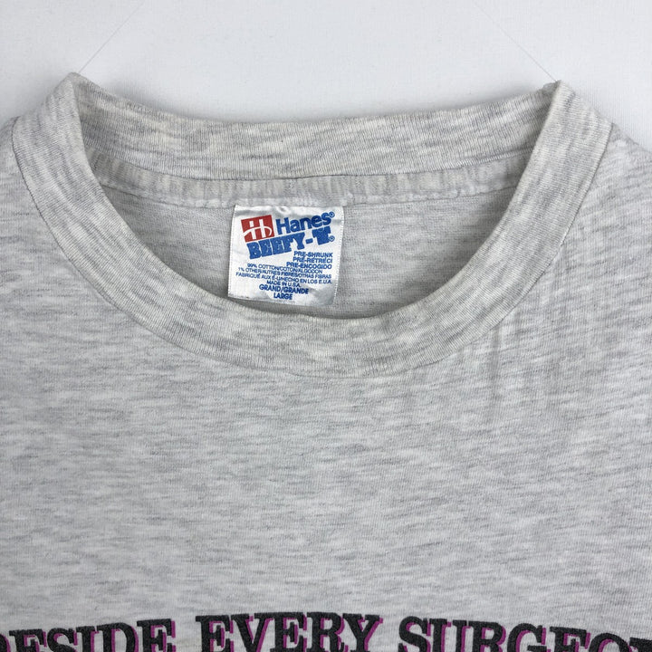 90'S Hanes BEEFY-T Printed T-shirt, Made in USA, Men's L size, Vintage cotton pale white type Vintage Second Hand