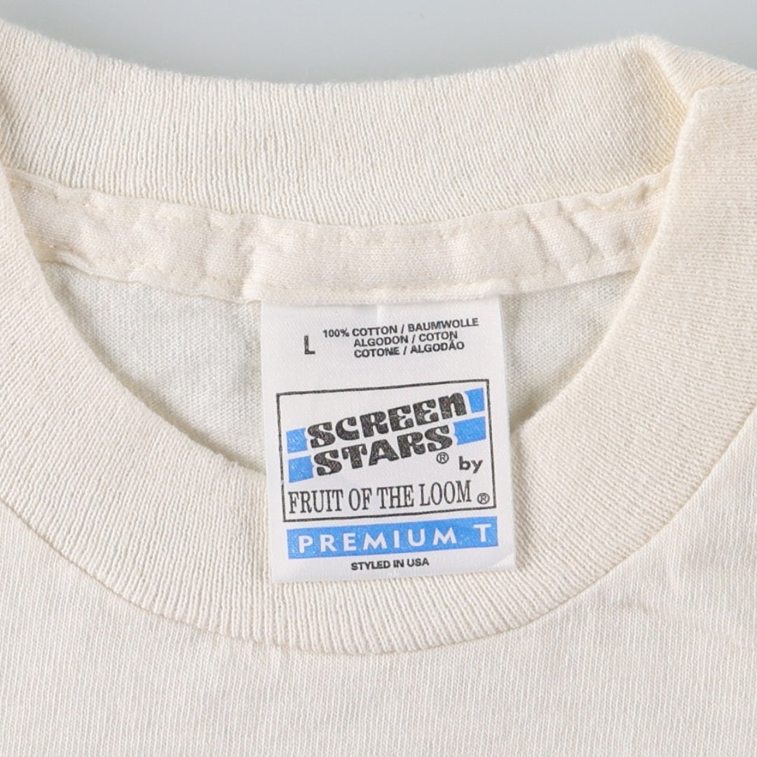 90'S Fruit of the Loom SCREEN STARS print T-shirt, Made in USA, Men's size L equivalent, Vintage cotton pale white type Vintage Second Hand