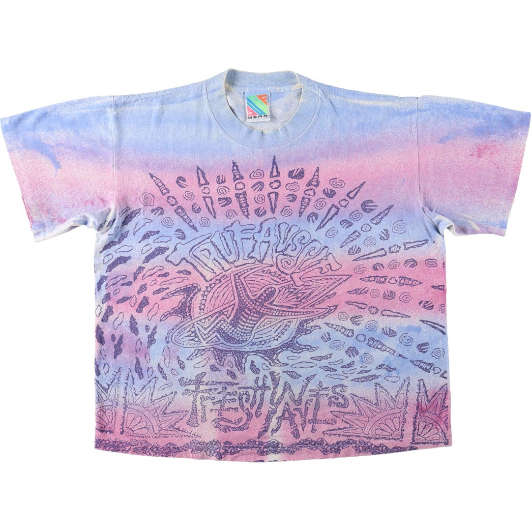 90'S GEAR All-Over Print T-Shirt, Made in USA, Men's Size L (Equivalent), Vintage cotton Blue type light blue Vintage Second Hand