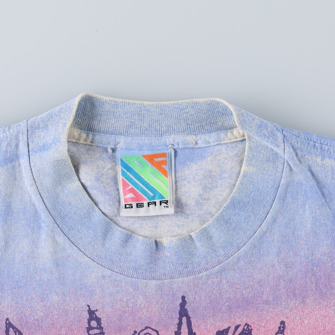 90'S GEAR All-Over Print T-Shirt, Made in USA, Men's Size L (Equivalent), Vintage cotton Blue type light blue Vintage Second Hand