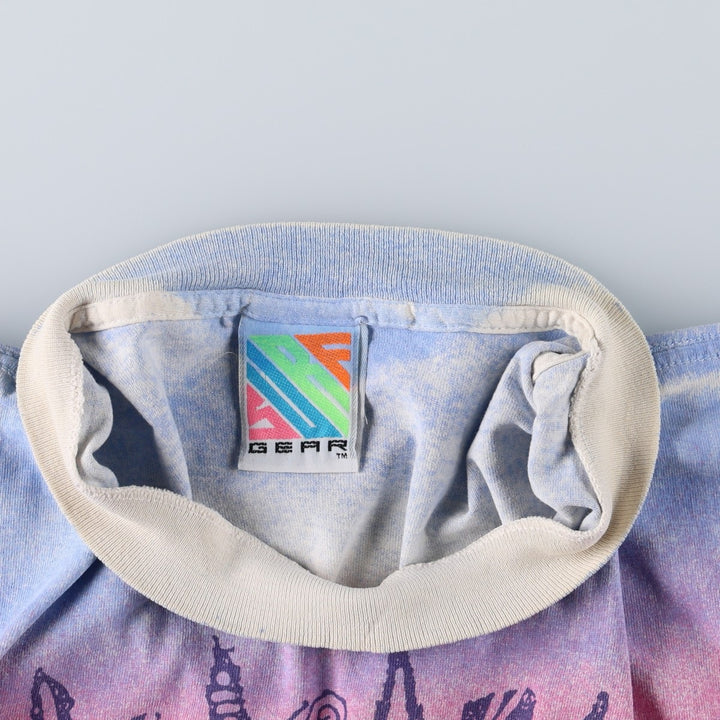 90'S GEAR All-Over Print T-Shirt, Made in USA, Men's Size L (Equivalent), Vintage cotton Blue type light blue Vintage Second Hand