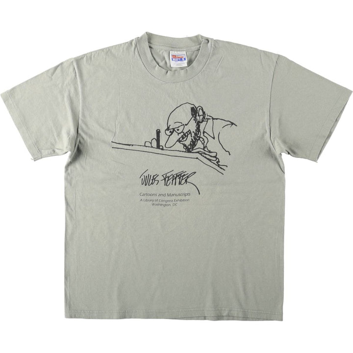 90'S Hanes Jules Feiffer Print T-Shirt, Made in USA, Men's Size L (approx.), Vintage cotton Khaki type sage green Vintage Second Hand