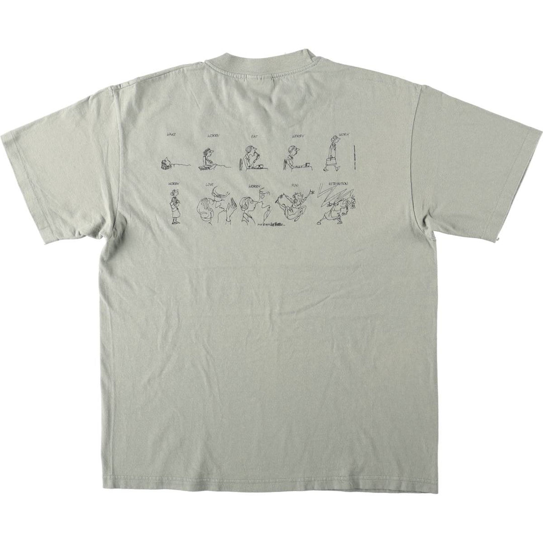 90'S Hanes Jules Feiffer Print T-Shirt, Made in USA, Men's Size L (approx.), Vintage cotton Khaki type sage green Vintage Second Hand