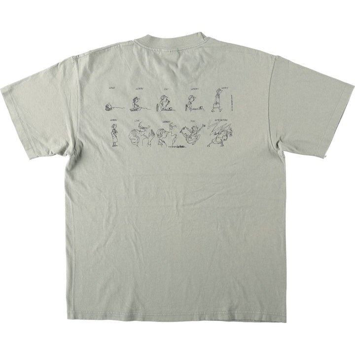 90'S Hanes Jules Feiffer Print T-Shirt, Made in USA, Men's Size L (approx.), Vintage cotton Khaki type sage green Vintage Second Hand