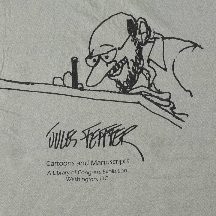 90'S Hanes Jules Feiffer Print T-Shirt, Made in USA, Men's Size L (approx.), Vintage cotton Khaki type sage green Vintage Second Hand