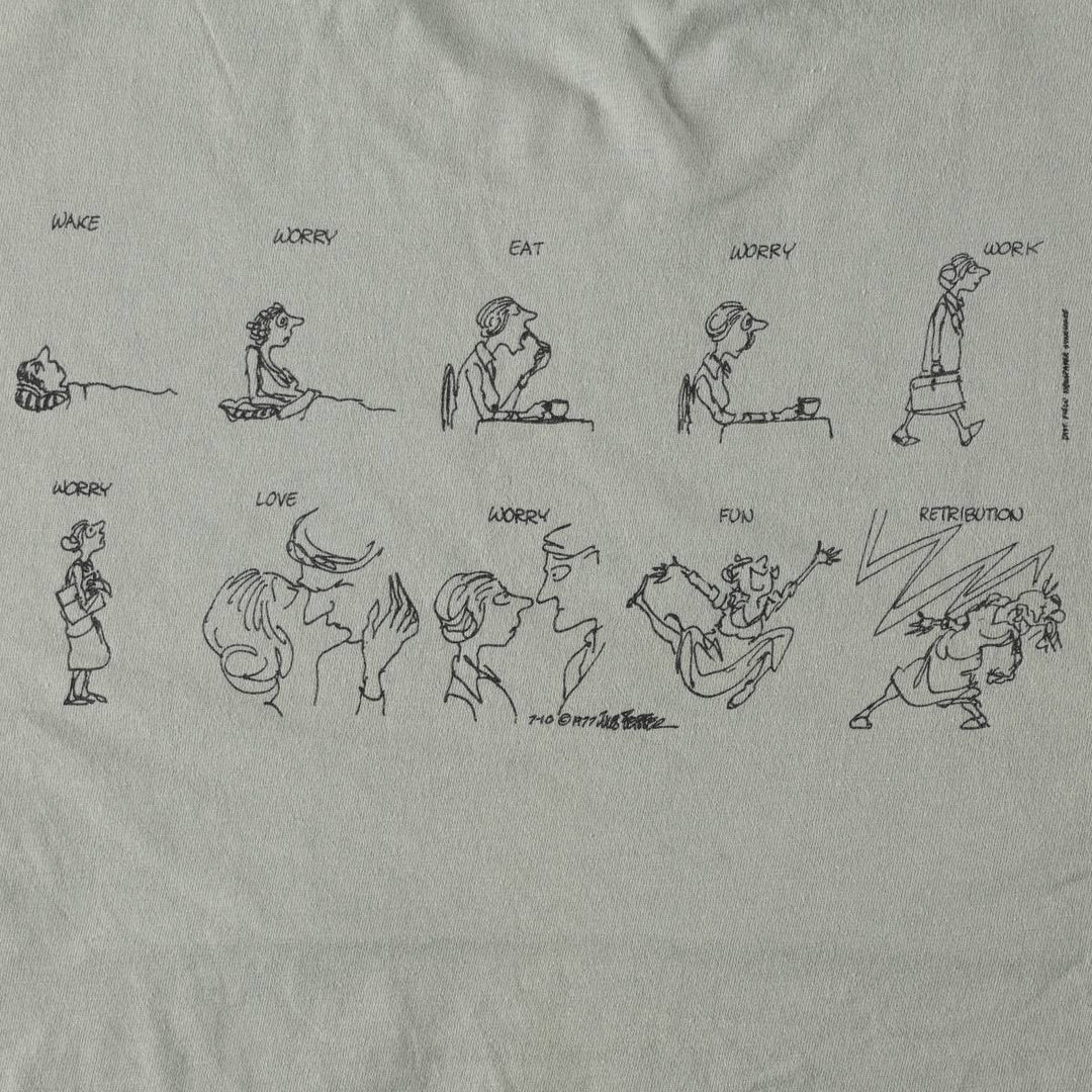 90'S Hanes Jules Feiffer Print T-Shirt, Made in USA, Men's Size L (approx.), Vintage cotton Khaki type sage green Vintage Second Hand