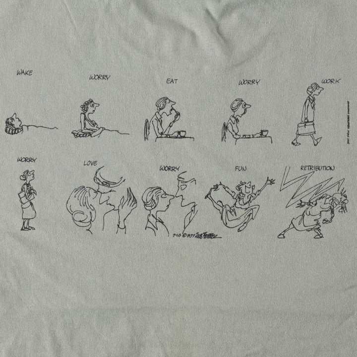 90'S Hanes Jules Feiffer Print T-Shirt, Made in USA, Men's Size L (approx.), Vintage cotton Khaki type sage green Vintage Second Hand