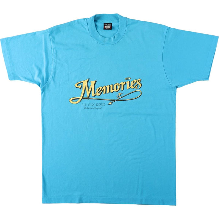 ~90'S Screen Stars Memories All Girl Revue Pin-up Girl Print T-Shirt, Made in USA, Men's XL equivalent. cotton turquoise blue Vintage Second Hand