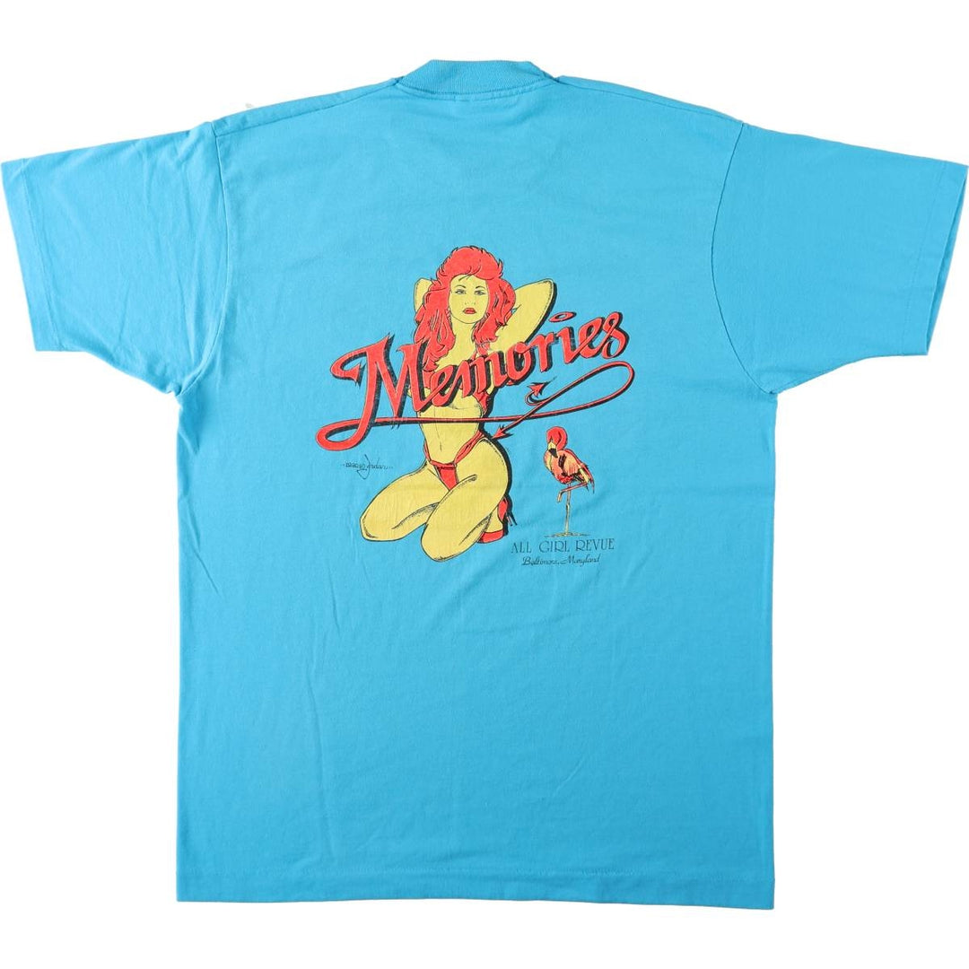 ~90'S Screen Stars Memories All Girl Revue Pin-up Girl Print T-Shirt, Made in USA, Men's XL equivalent. cotton turquoise blue Vintage Second Hand