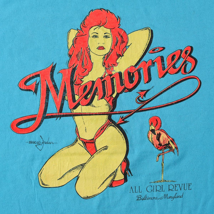 ~90'S Screen Stars Memories All Girl Revue Pin-up Girl Print T-Shirt, Made in USA, Men's XL equivalent. cotton turquoise blue Vintage Second Hand