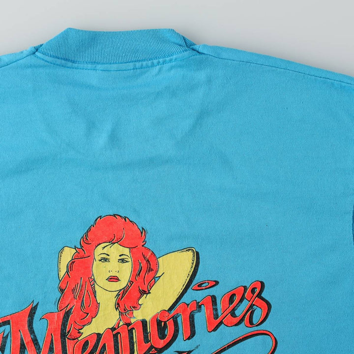 ~90'S Screen Stars Memories All Girl Revue Pin-up Girl Print T-Shirt, Made in USA, Men's XL equivalent. cotton turquoise blue Vintage Second Hand