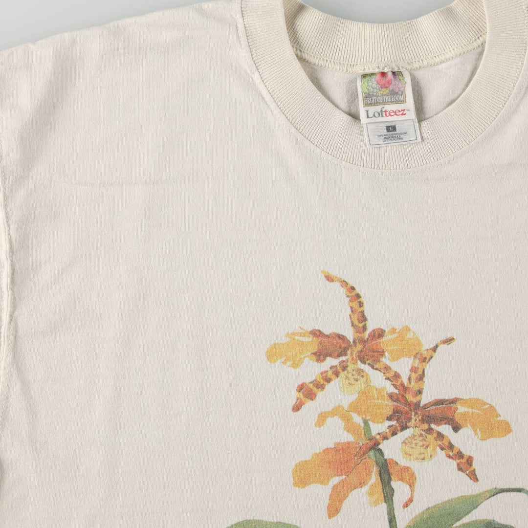 90s-00'S Fruit of the Loom Lofteez Floral Print T-Shirt, Made in USA, Men's Size L (approx.), Vintage cotton Beige type Vintage Second Hand
