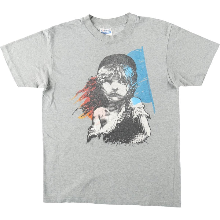 80'S Hanes Poly-Cotton Blue Tag Les Miserables Print T-Shirt, Made in USA, Men's Size L (approx.), Vintage cotton gray type Vintage Second Hand