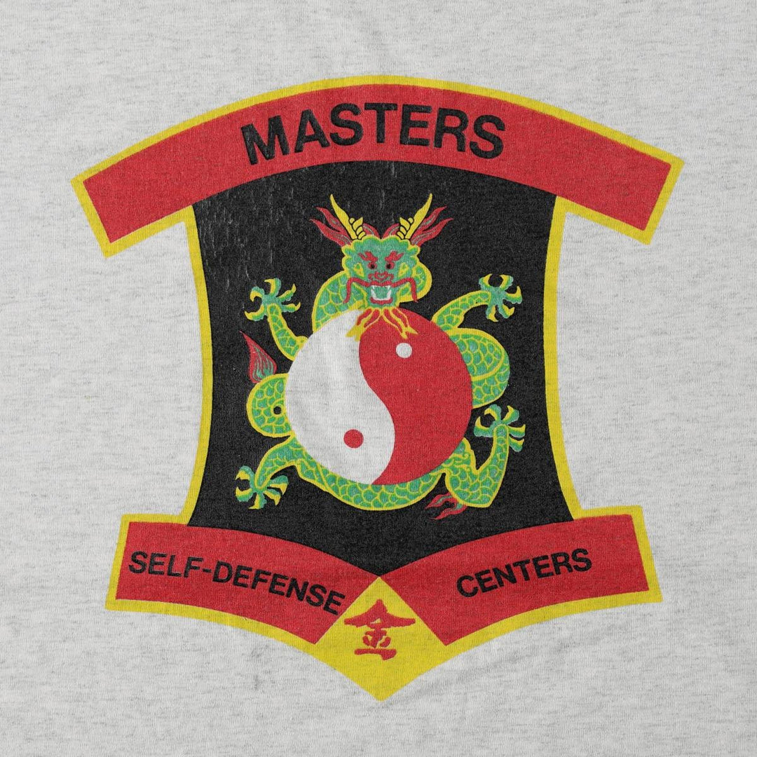 90'S Fruit of the Loom Masters Self-Defense Centers Print T-Shirt, Made in USA, Men's Size L (approx.), Vintage cotton gray type Vintage Second Hand