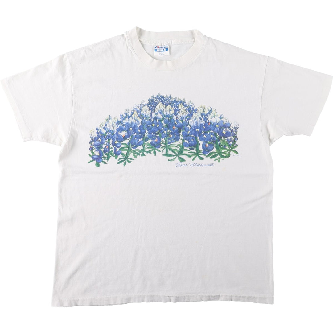 80'S Hanes BEEFY-T Blue Tag Floral Art T-Shirt Made in USA Men's XL Equivalent Vintage cotton white type Vintage Second Hand