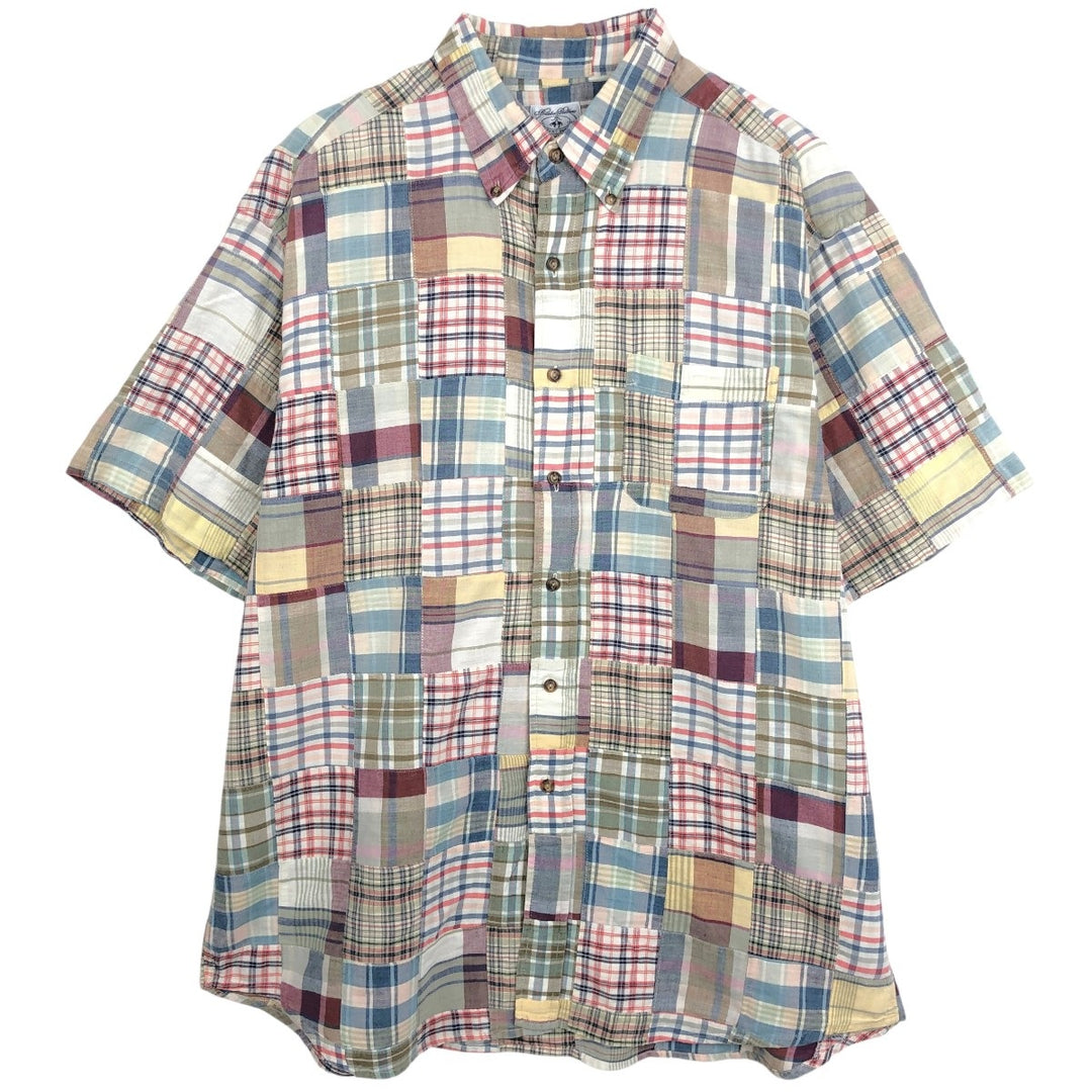 Brooks Brothers SPORT SHIRT Patchwork Short-Sleeve Button-Down Check Shirt, Men's Size XL (approx.) cotton ivory Vintage Second Hand