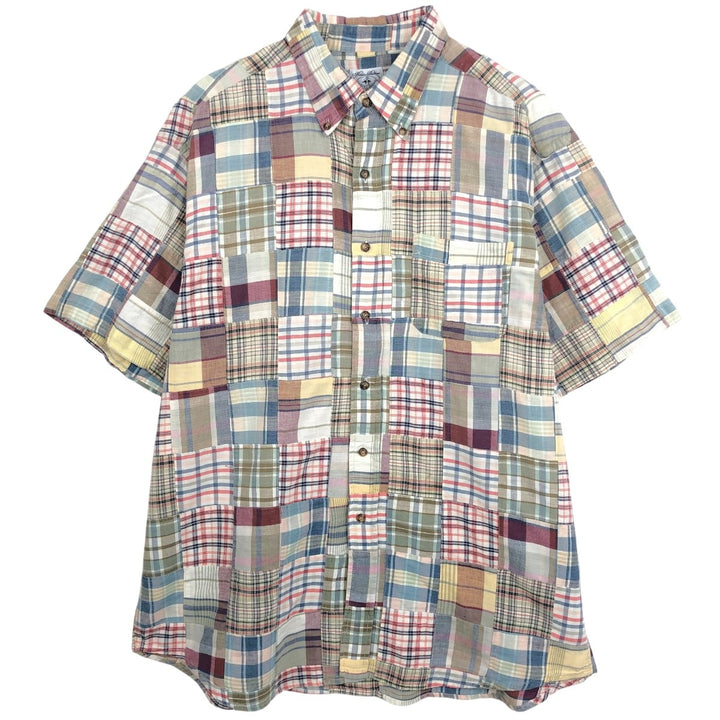 Brooks Brothers SPORT SHIRT Patchwork Short-Sleeve Button-Down Check Shirt, Men's Size XL (approx.) cotton ivory Vintage Second Hand
