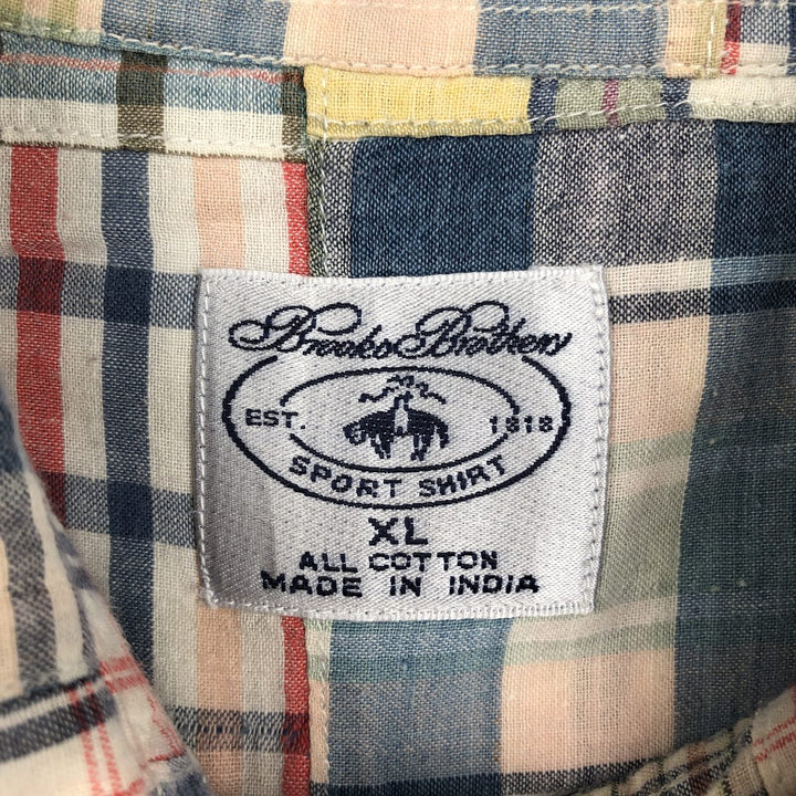 Brooks Brothers SPORT SHIRT Patchwork Short-Sleeve Button-Down Check Shirt, Men's Size XL (approx.) cotton ivory Vintage Second Hand