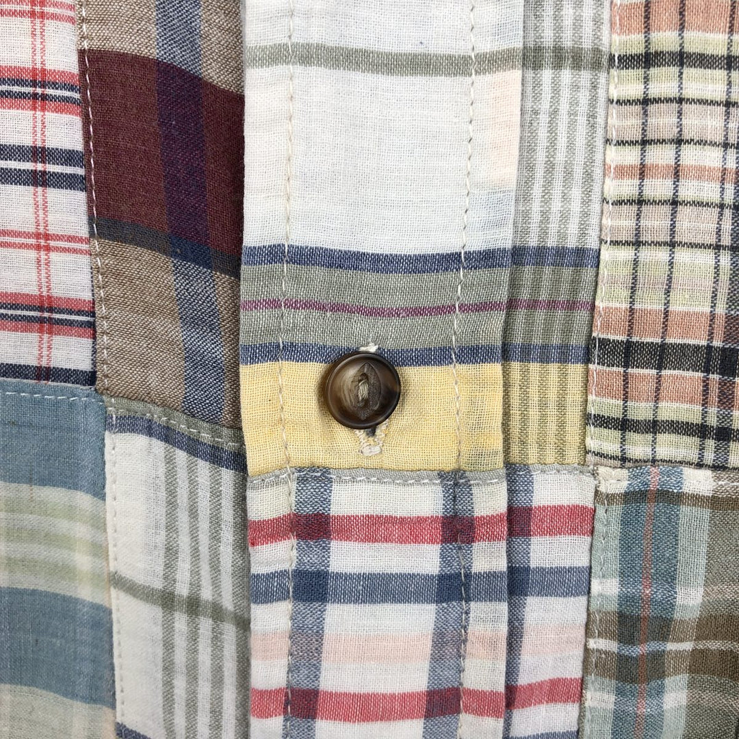 Brooks Brothers SPORT SHIRT Patchwork Short-Sleeve Button-Down Check Shirt, Men's Size XL (approx.) cotton ivory Vintage Second Hand