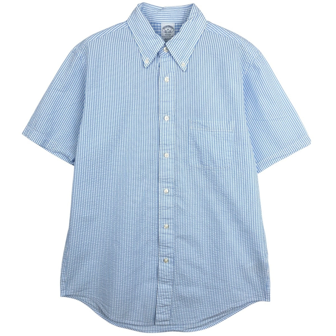 Brooks Brothers Est.1818 REGENT Seersucker Short-Sleeve Button-Down Striped Shirt, Men's Size M (approx.) cotton Blue type light blue Vintage Second Hand