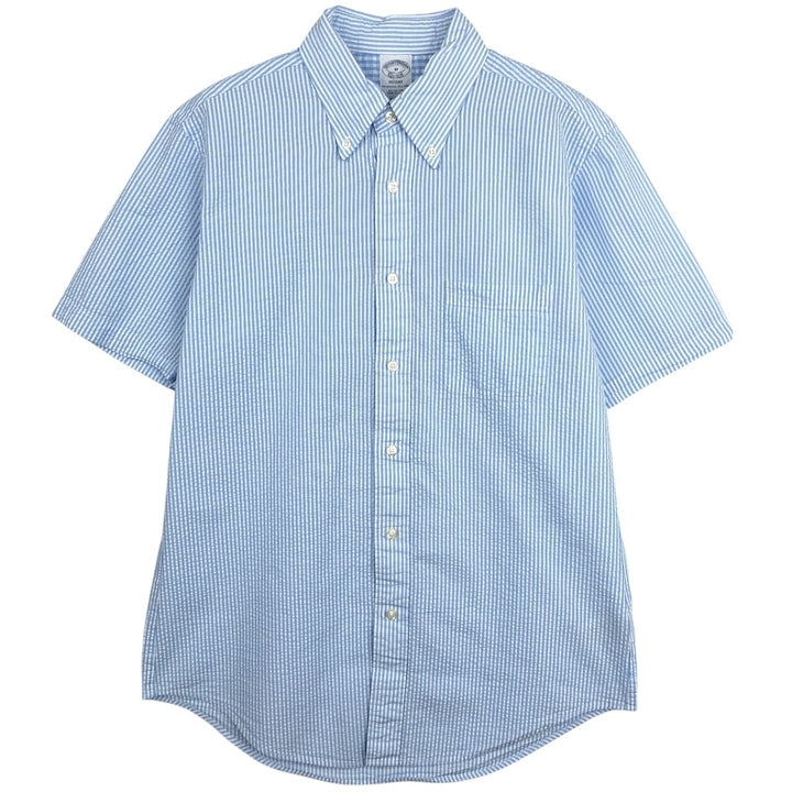 Brooks Brothers Est.1818 REGENT Seersucker Short-Sleeve Button-Down Striped Shirt, Men's Size M (approx.) cotton Blue type light blue Vintage Second Hand