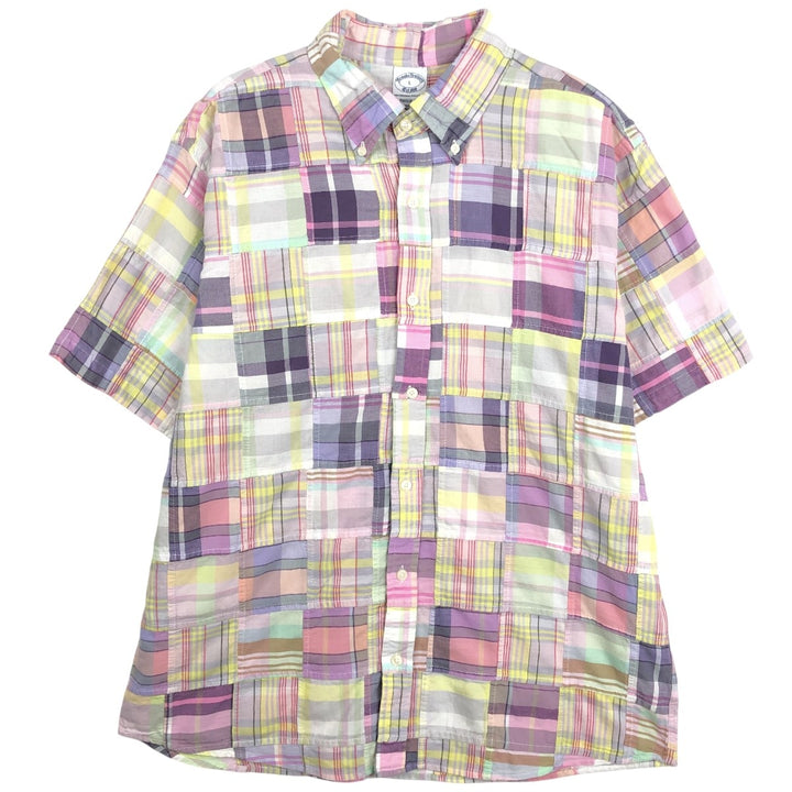 Brooks Brothers Est.1818 Madras Check Patchwork Short-Sleeve Button-Down Check Shirt (Men's Size L) cotton pink type Vintage Second Hand