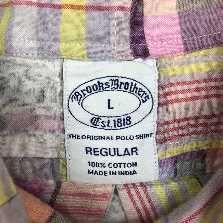 Brooks Brothers Est.1818 Madras Check Patchwork Short-Sleeve Button-Down Check Shirt (Men's Size L) cotton pink type Vintage Second Hand