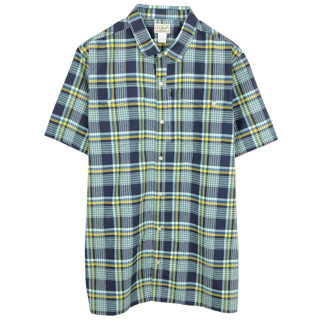 LLBean Short-Sleeve Check Shirt, Wide Collar, Boxy Shirt, Men's Size XL (approx.) polyester Blue type light blue Vintage Second Hand
