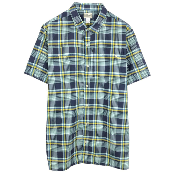 LLBean Short-Sleeve Check Shirt, Wide Collar, Boxy Shirt, Men's Size XL (approx.) polyester Blue type light blue Vintage Second Hand