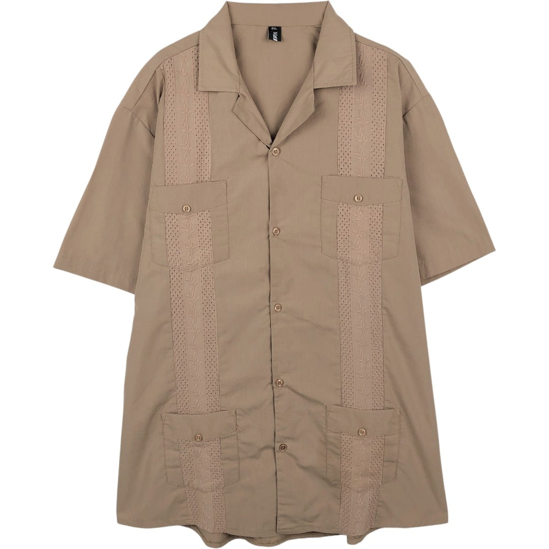 VatPave Short-Sleeve Open-Collar Mexican Shirt (Cuban Shirt) - Men's XXL Equivalent polyester beige type brown Vintage Second Hand