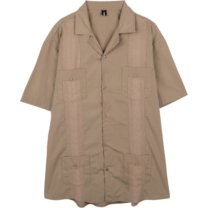 VatPave Short-Sleeve Open-Collar Mexican Shirt (Cuban Shirt) - Men's XXL Equivalent polyester beige type brown Vintage Second Hand