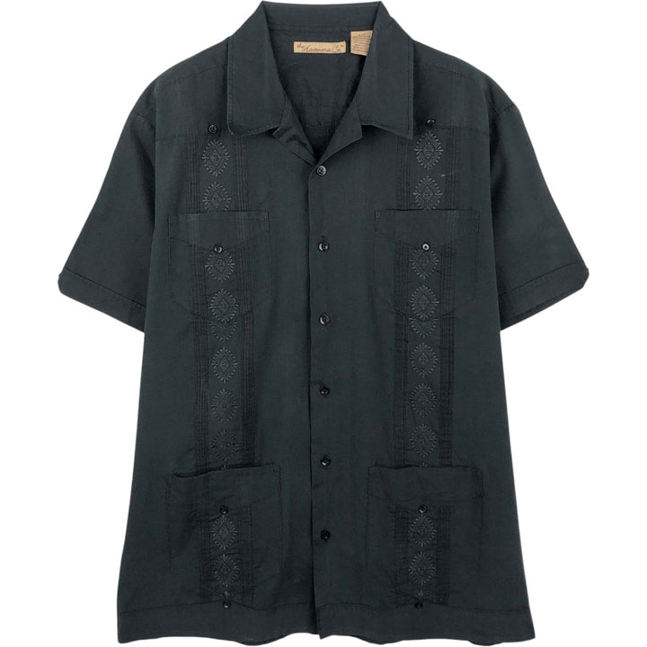 The Havanera Co. Short-Sleeve Open-Collar Mexican Shirt / Cuban Shirt / Box Shirt (Men's Size L) polyester black type Vintage Second Hand