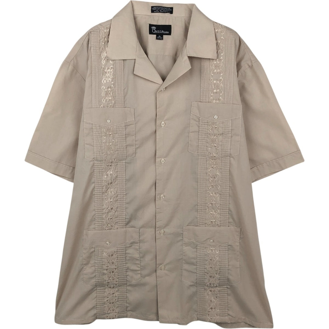 OMEGA fashion Short-sleeved open-collar Mexican shirt, Cuban shirt, boxy shirt, men's size XL. cotton Beige type Vintage Second Hand