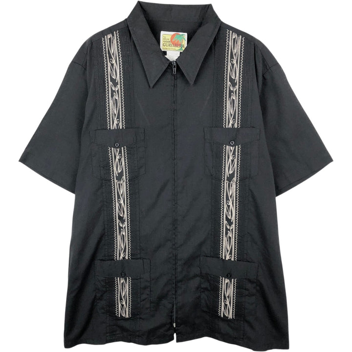 GUAYABERA Short-Sleeve Mexican Shirt, Cuban Shirt, Boxy Shirt, Men's Size XL (approx.) polyester black type Vintage Second Hand