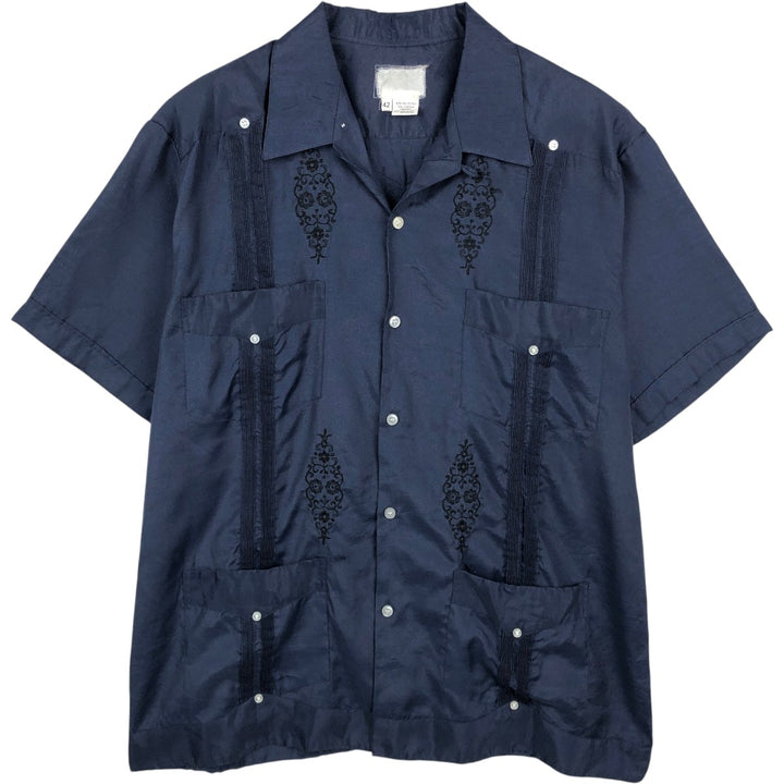 Short-sleeved open-collar Mexican shirt, Cuban shirt, boxy shirt, men's size L. polyester navy blue type Vintage Second Hand